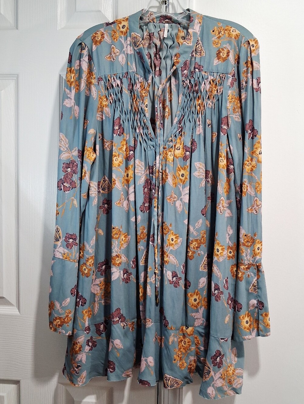Free People Dusty Blue Floral Smocked Tunic - Picture 2 of 12